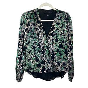 White House Black Market Blouse XS Green Silk Velvet Burnout Long Sleeve Floral